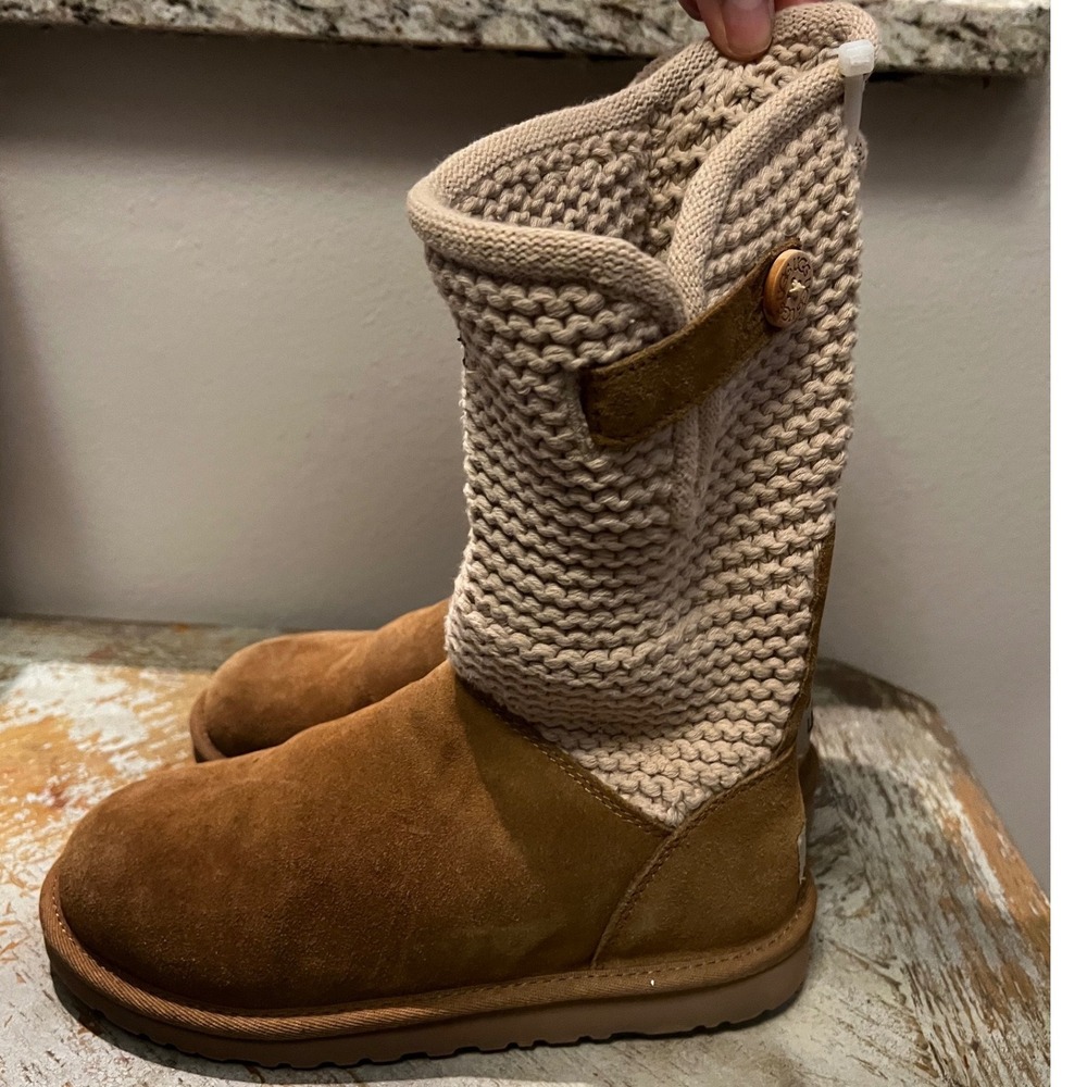 UGG Australia Shaina Knit Suede Winter Boots Chestnut Cream Womens 5